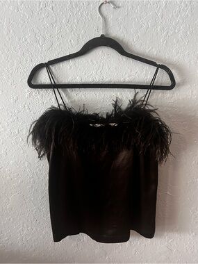 Veronica Beard Black Ostrich Feather Trim Silk-Blend Cami small